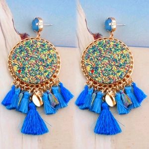 Blue Boho Fringed Tassel Earrings